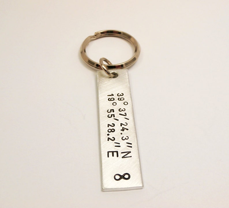Keychain Personalised Aluminum, Handstamped with custom Coordinates, Initials, Message, Quote, Names, Men Woman Family Friend Groomsmen Gift image 3