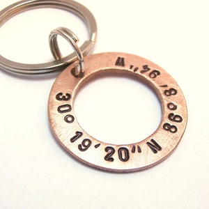 Personalized Copper Washer Latitude Longitude Keychain, Handstamped Names Dates Initials Coordinates Boy Men Family Boyfriend Groomsmen Gift image 3