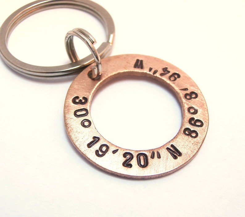 Personalized Copper Washer Latitude Longitude Keychain, Handstamped Names Dates Initials Coordinates Boy Men Family Boyfriend Groomsmen Gift image 3
