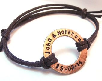 Men Women Copper Bracelet, Personalized Washer, Custom Hand Stamped Initials GPS Coordinates Names Date, Man Boyfriend Groomsmen Father gift