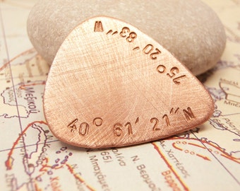 Personalized Copper Guitar Pick Plectrum, Hand Stamped GPS Coordinates,Location Names Dates Initials,Men Father Groomsmen Gift  Brushed Pick