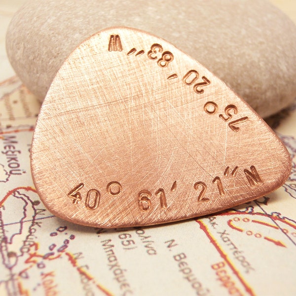 Personalized Copper Guitar Pick Plectrum, Hand Stamped GPS Coordinates,Location Names Dates Initials,Men Father Groomsmen Gift  Brushed Pick