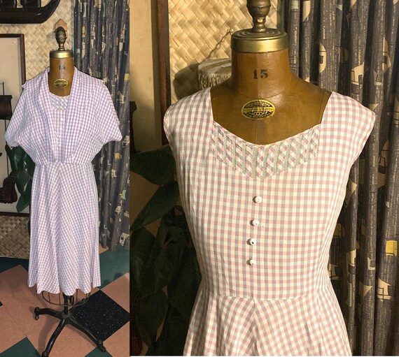 Vintage 1950's Country Gingham 50's Pink Grey Line