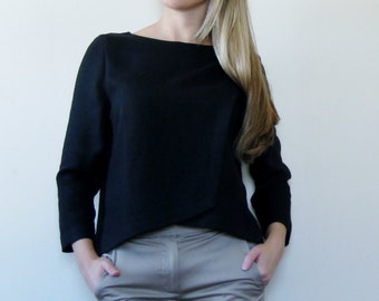Black Linen Crop Top: Asymmetric Hem, 3/4 Sleeves