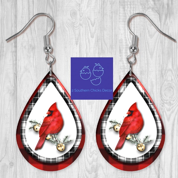 Christmas Cardinal Single/Double Sided Teardrop Earrings-Custom Christmas Earrings-Cardinal Christmas Earrings-Cardinal Earring-Red Cardinal