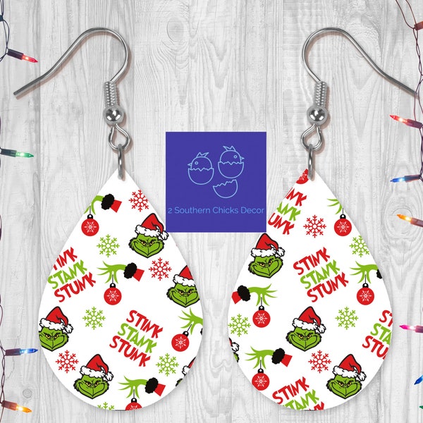 Christmas Grinchmas Single/Double Sided Teardrop Earrings-Custom Stink Stank Stunk Christmas Single/Double Sided Earrings-Grinchmas Earrings