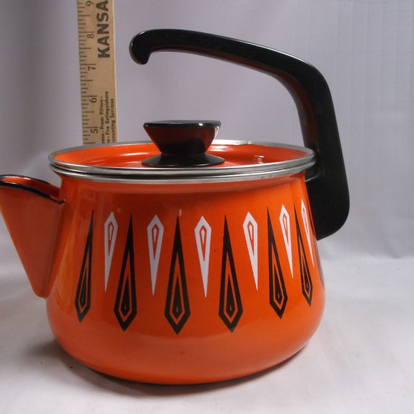 Retro Mid Century Orange White Black Enamel Tea  Pot.epsteam