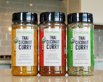 Organic Thai Curry Powders Trio: Spiced Coconut Yellow, Red, and Green