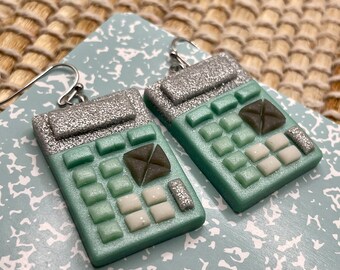 Sea Foam & Silver Calculator Earrings for Math Teacher, Accountant, Nerd, Back to School, School Spirit, Teacher Earrings, Math Jewelry