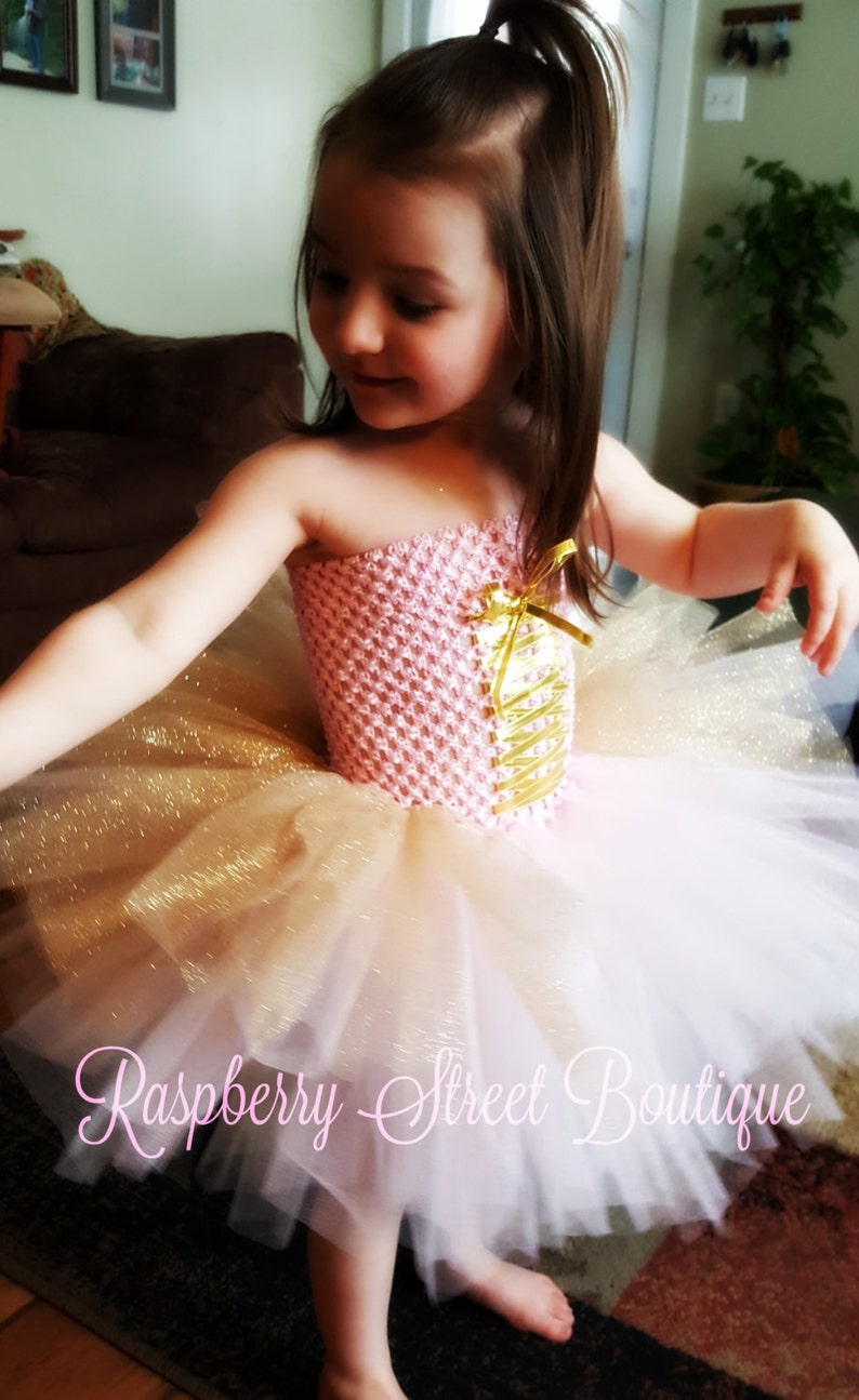 Fast shipping!Princess Tutu Birthday Tutu white and Gold Handmade with Bow Pink