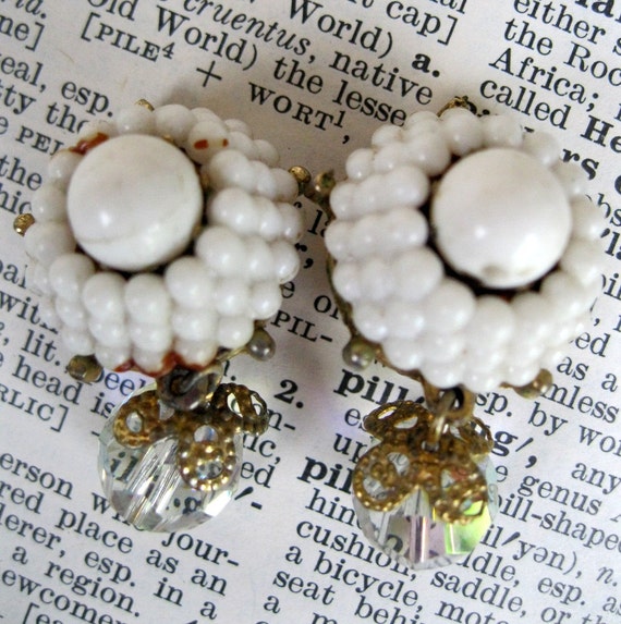 Coro Vintage White Bead and Crystal Drop Clip On … - image 1
