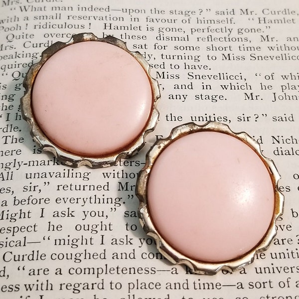 Pink Button Silvertone Well-loved 1960s Clip On Earrings