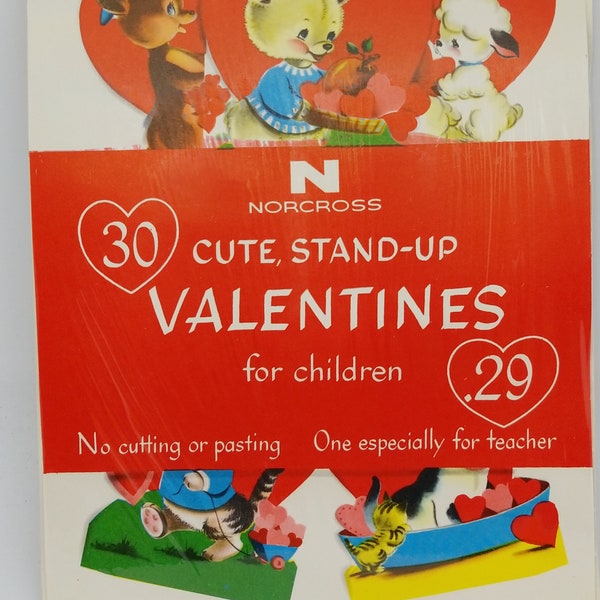 Vintage Norcross Stand Up Valentines 1960s NOS / Sealed in Package Set of 30 / Childrens Valentine Plus Teacher