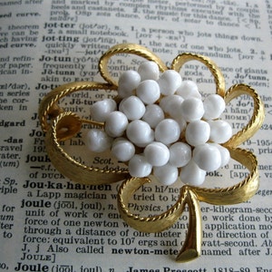 Vintage Stylized Floral Gold Tone Brooch with White Beads