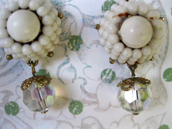 Coro Vintage White Bead and Crystal Drop Clip On … - image 2