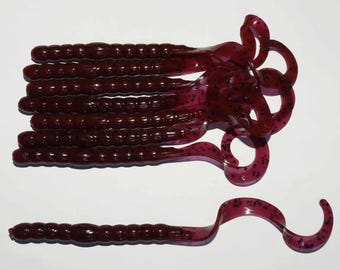 NEW - Pack of (8) Custom Made 7" Curly Tail Worms – Maroon Pepper - Bass Fishing Lure