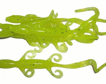 NEW - Pack of (6) Custom Made 7" Curly Tail Lizards – Chartreuse/Silver Glitter - Bass Fishing Lure