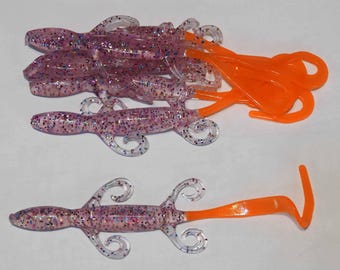 NEW - Pack of (6) Custom Made 7" Curly Tail Lizards – Cotton Candy/Orange Tail - Bass Fishing Lure