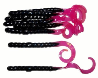 NEW - Pack of (8) Custom Made 7" Curly Tail Worms – Black with Pink Tails - Bass Fishing Lure