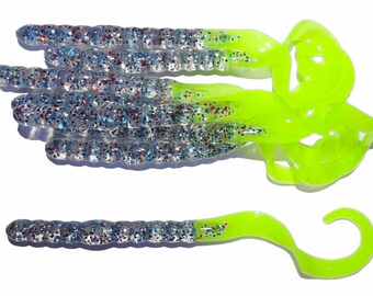 NEW - Pack of (8) Custom Made 7" Curly Tail Worms – Firecracker Chartreuse Tails - Bass Fishing Lure