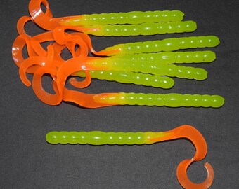 NEW - Pack of (8) Custom Made 7" Curly Tail Worms – Chartreuse with Orange Tail - Bass Fishing Lure