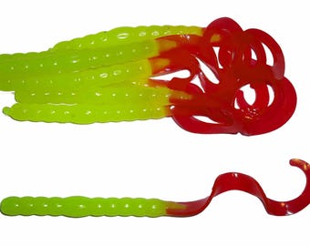 NEW - Pack of (8) Custom Made 7" Curly Tail Worms – Chartreuse with Red Tail - Bass Fishing Lure