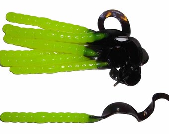 NEW - Pack of (8) Custom Made 7" Curly Tail Worms – Chartreuse with Black Tail - Bass Fishing Lure