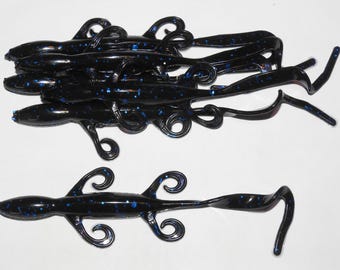 NEW - Pack of (6) Custom Made 7" Curly Tail Lizards – Black with Blue Flake - Bass Fishing Lure