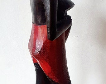 Escultura vintage de madera de ébano hecha a mano de mujer tribal africana, regalos para decoración del hogar, repisa, estatua de madera maciza negra, objetos artísticos para decoración del hogar.