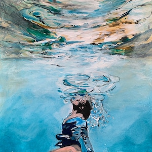Dipinto a olio "Respiro sott'acqua" per la decorazione della casa, ritratti, decorazioni da parete, idee regalo, stampe di poster d'arte originali disponibili, regalo blu