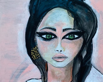 Original Artwork Big Eyes Woman Portrait, Woman Portrait Painting Art Home Decor, Wall Art Decor Gift Ideas, Birthday Gifts For Her