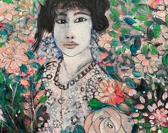 Original Girl Artwork Floral Home Decor, Abstract Woman Portrait, Boho Canvas Art, Oriental Inspiration Acrylic Painting as Birthday Gift
