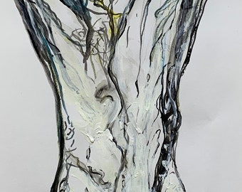 May include: An artistic watercolor painting of a lemon submerged in water. The lemon is yellow, and the water is depicted with black and gray lines, creating a splash effect. The artwork is on a white background.