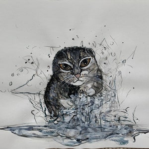Underwater Animal Original Cat Painting for Home Decor, Pet Portraits Wall Art Decor, Animal Portraits Gift Ideas Original Art Print!