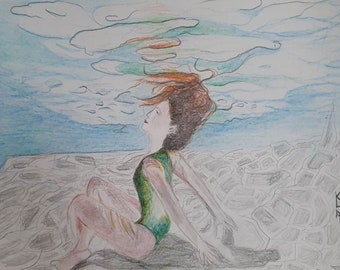 Aquarell Malerei Schwimmer, Unterwasser Frau Fotodruck für Wohnkultur, Original Kunstwerk Geschenkideen, Wandkunst, Schwimmer Geschenk Original Art