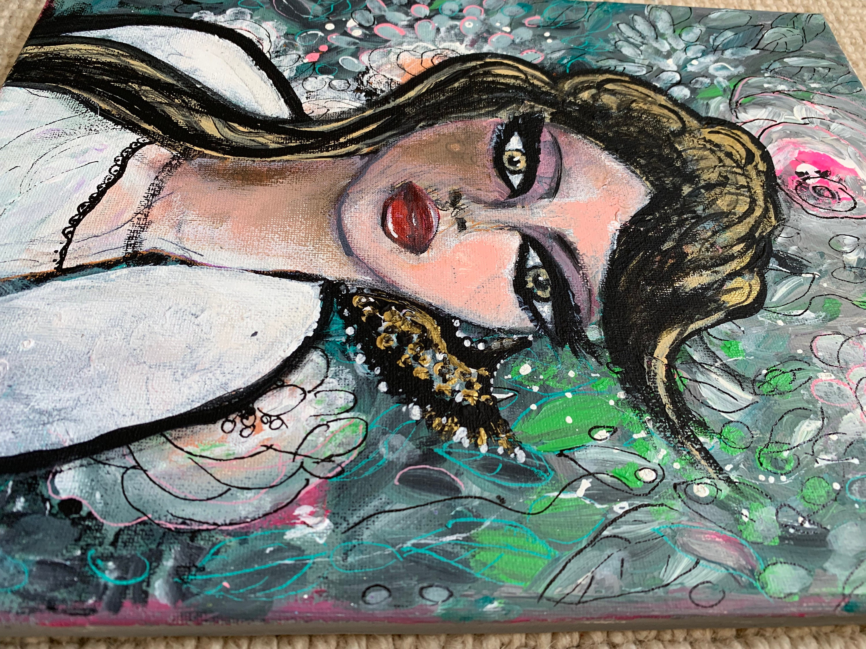 Margaret Keane Inspired Portrait Painting, Acrylic Canvas Paintings