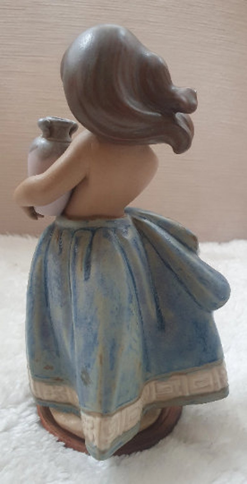 May include: A ceramic figurine of a girl with brown hair wearing a blue and white dress and holding a ceramic jug.