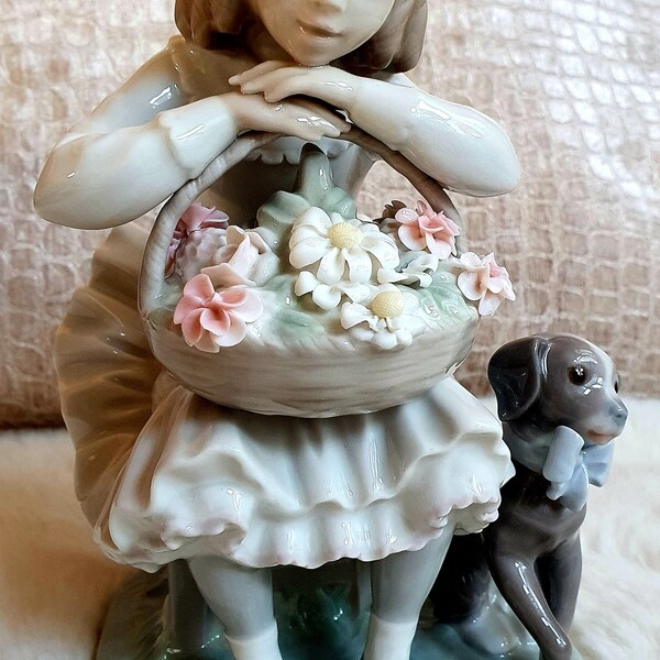 Lladro Figurines Beautiful Girl Sitting In Chair with Flower Basket and Dog, Home Decor Sculpture Decorative Gifts Collectible Figurines