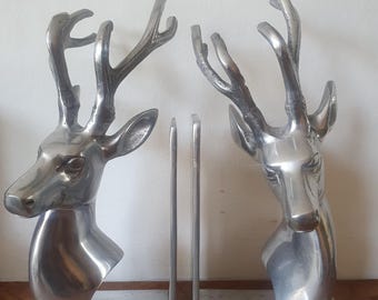 Vintage Aluminium Metal Stags Head Bookend Mantlepiece Sculpture Home Decor Gifts Housewarming Gifts For Him Art Objects Animal Sculpture
