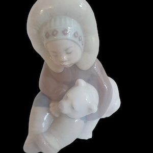 Lladro Figurines 1195 Vintage Porcelain Collectibles 1984, Eskimo Boy Lladro Polar Bears, Vintage Decor, Home Gifts, Mantle Sculpture