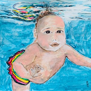 Underwater Baby II Original Artwork Home Decor Gift Ideas, New Baby Wall Art Decor, Swimmers Gift Ideas Original Art Prints Portrait Drawing