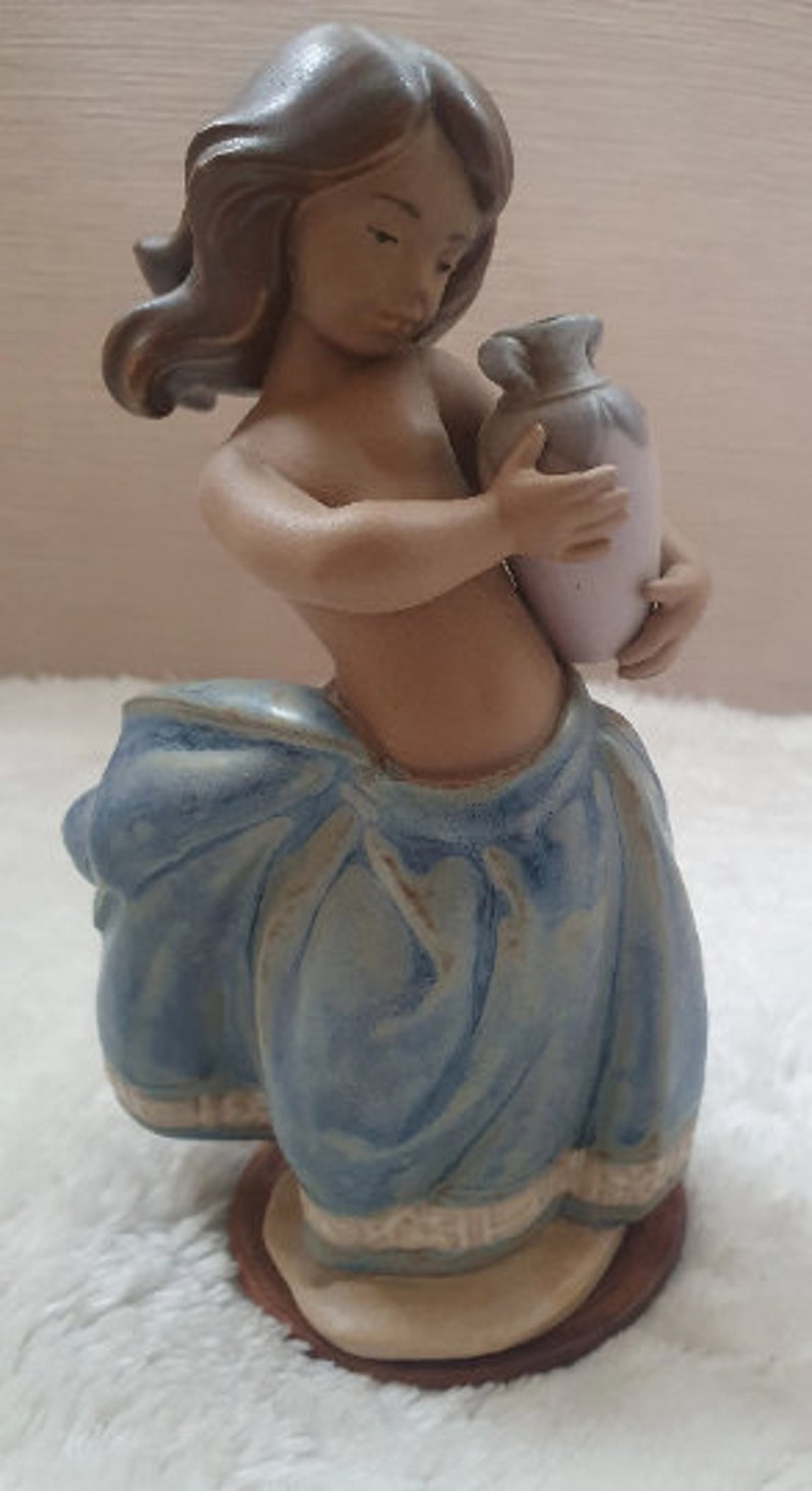 May include: A ceramic figurine of a young girl with brown hair, wearing a blue dress and holding a light purple pitcher.