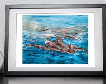 Original Artwork Underwater Swimmer Painting for Home Decor,  Wall Art Decor Swimming Print Gift Ideas Original Art Prints For Him, Birthday