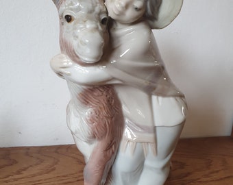 Lladro Figurine Retired, Lladro Figurine 1181 - Platero and Marcelino, Boy Hugging Donkey 7229, Collectible, Fine Art Porcelain Sculptures