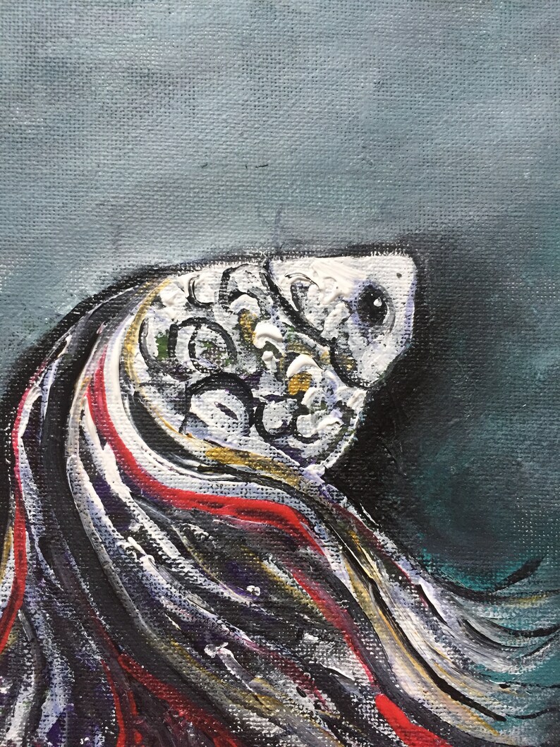 May include: Abstract painting of a fish with a white, gray, and black body and red and white fins. The fish is painted on a blue background.