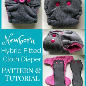 Puede incluir: Un pa&ntilde;al de tela ajustado h&iacute;brido para reci&eacute;n nacido de color gris y rosa con broches y un borde rosa. El pa&ntilde;al se muestra en diferentes posiciones, incluyendo doblado y desdoblado. El texto "Newborn Hybrid Fitted Cloth Diaper PATTERN & TUTORIAL" se muestra en un fondo azul. El texto "Homespun Aesthetic" se muestra en un fondo blanco con una flecha gris.