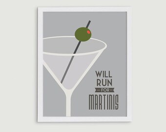 Run for Martinis Print - Retro Mid Century Modern Bar Decor - Running Motivation