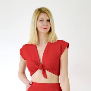 TIE UP TOP | Summer Wrap Tie Up Beach Crop Top in Red. Women&#39;s Beach Cover-Up Tie Front Top. Vintage Style Short Sleeve Tie Up Crop Top