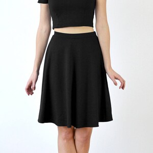 SKATER SKIRT | Black Womens Skater Skirt with High Waist. Stretch Jersey Elastic Waist Knee Length Skirt. Womens Everyday A-Line Black Skirt