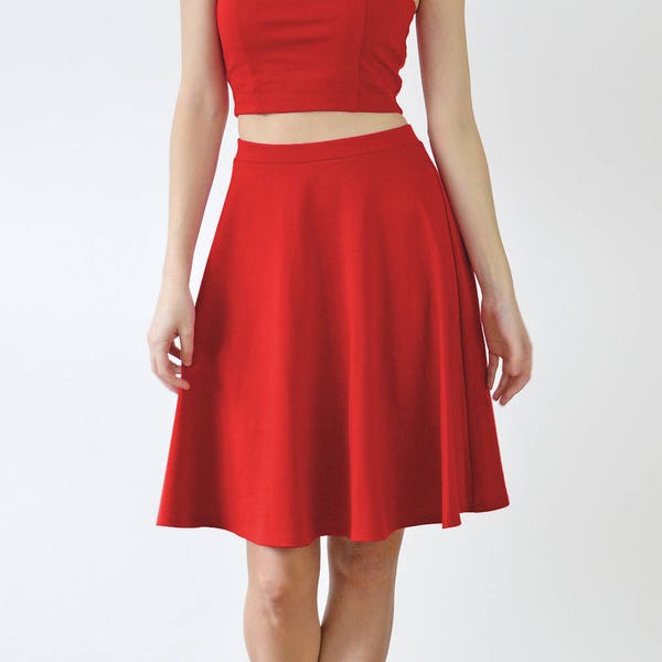 SKATER SKIRT | Womens Red Skater Skirt. High Waisted Midi Skirt. Swishy Stretch Jersey Dance Skirt. Womens Knee Length Circle Skirt